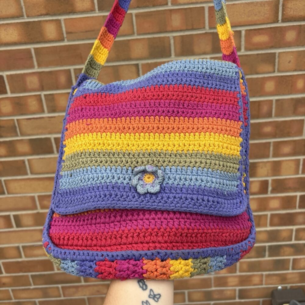 UNIF Rainbow Striped Crochet Bag Crossbody Long Strap